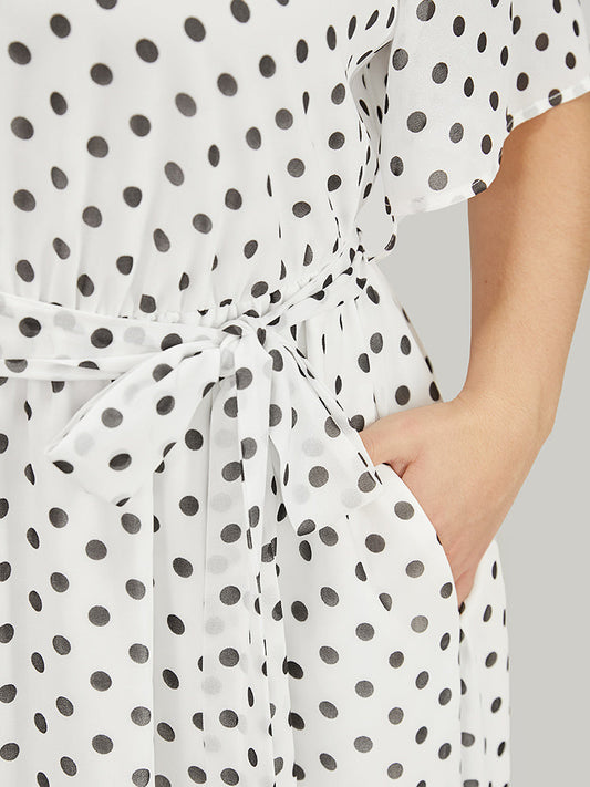 Polka Dot Pocket Belted Flutter Tiered Midi Dress