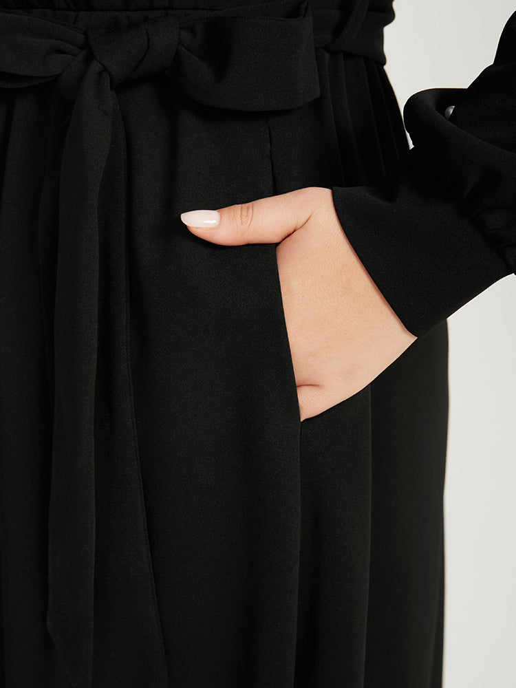 Solid Round Neck Pocket Pearl Beaded Belted Dress