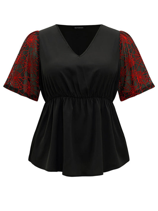 Halloween Spider Web Mesh Patchwork Elastic Waist Blouse
