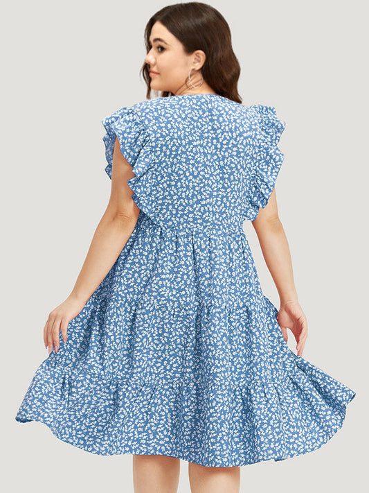 Ditsy Floral Ruffle Layered Hem Gathered Cap Sleeve Dress