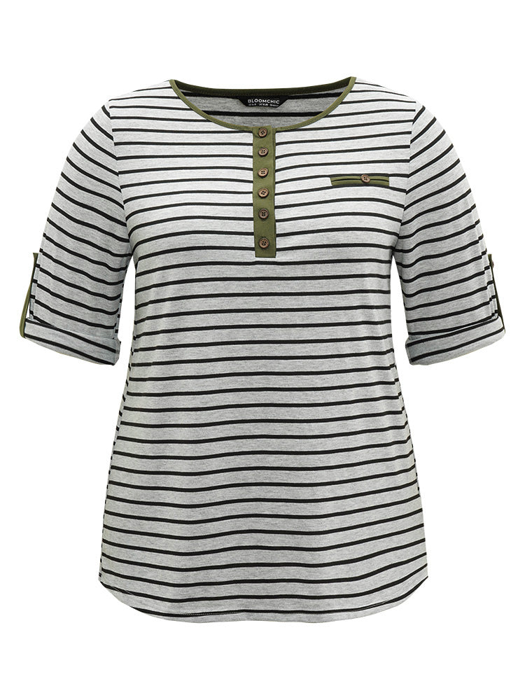 Striped Contrast Button Up Tab Sleeve T-shirt