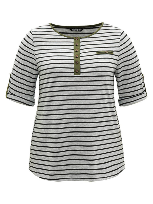 Striped Contrast Button Up Tab Sleeve T-shirt