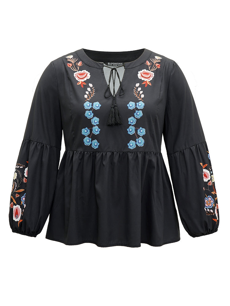 Floral Print Tassels Knot Neck Lantern Sleeve Blouse