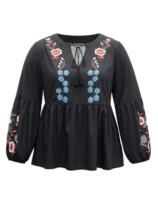 Floral Print Tassels Knot Neck Lantern Sleeve Blouse