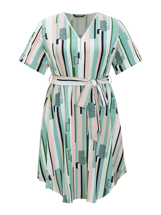 Geometric Contrast Curved Hem Pocket Belt Zipper Dress