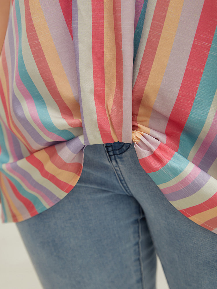 Rainbow Striped Batwing Sleeve Contrast Asymmetrical Hem Blouse