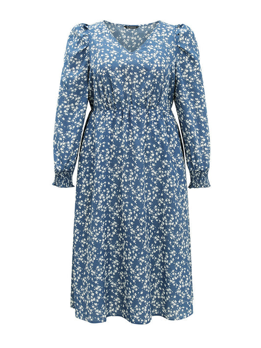 Ditsy Floral Shirred Pocket Lantern Sleeve Dress
