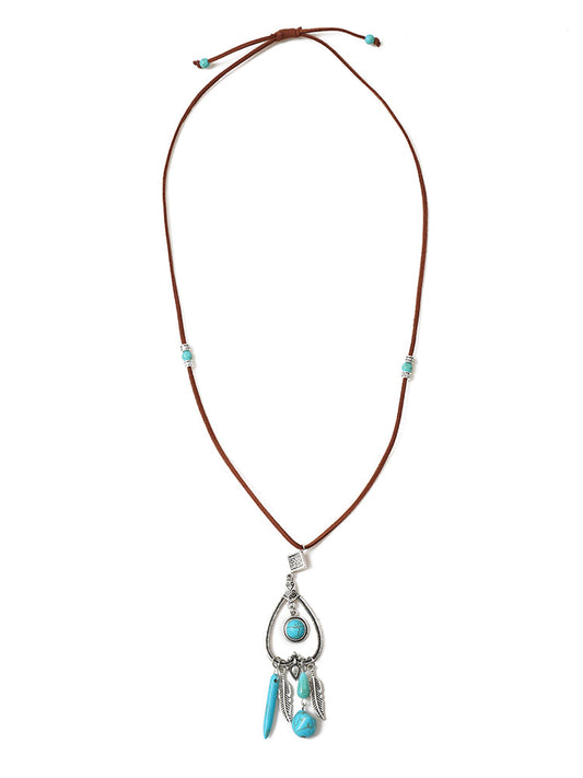 Natural Stone Feather Vacation Style Necklace