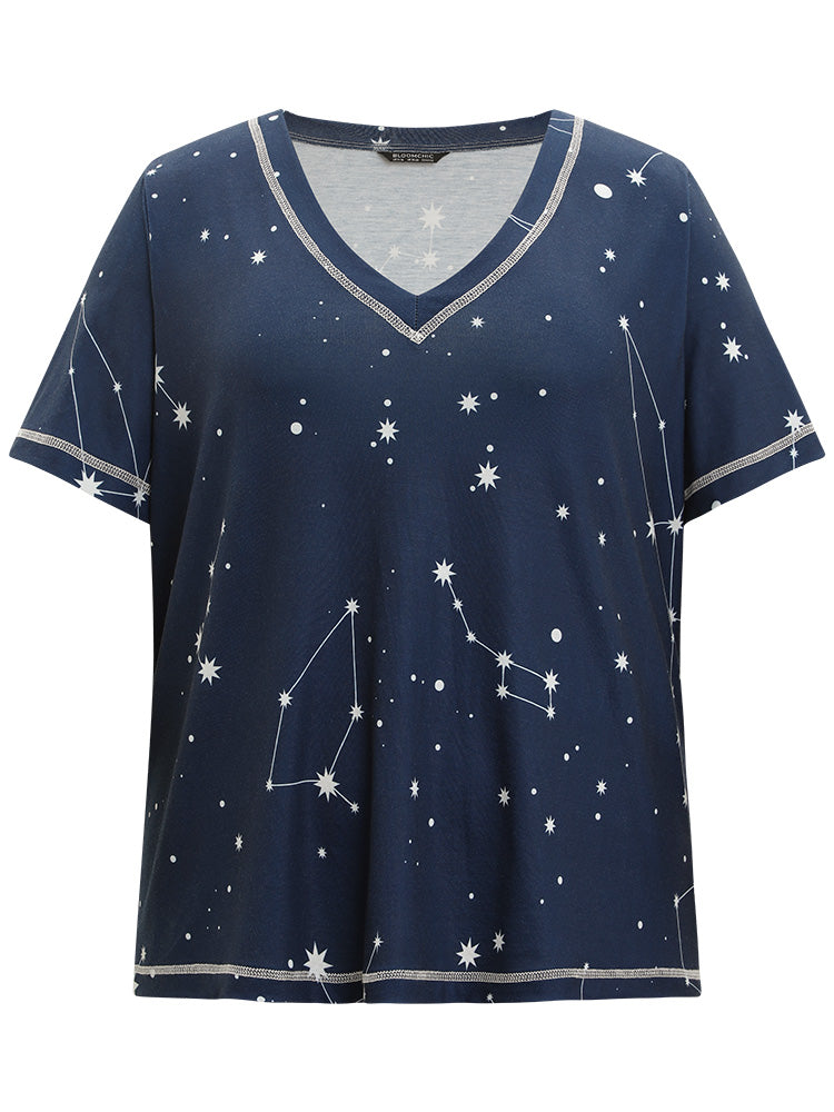 Star Print Stitch V Neck Sleep Top