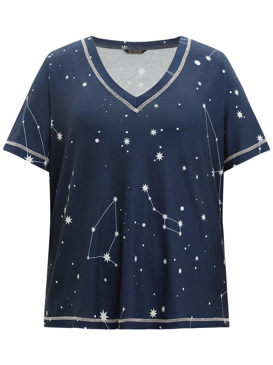 Star Print Stitch V Neck Sleep Top