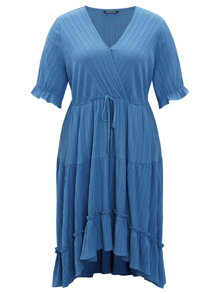 Solid Textured Pocket Overlap Collar Flutter Trim Dress