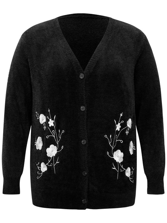 Floral Embroidered Fuzzy Open Front Cardigan
