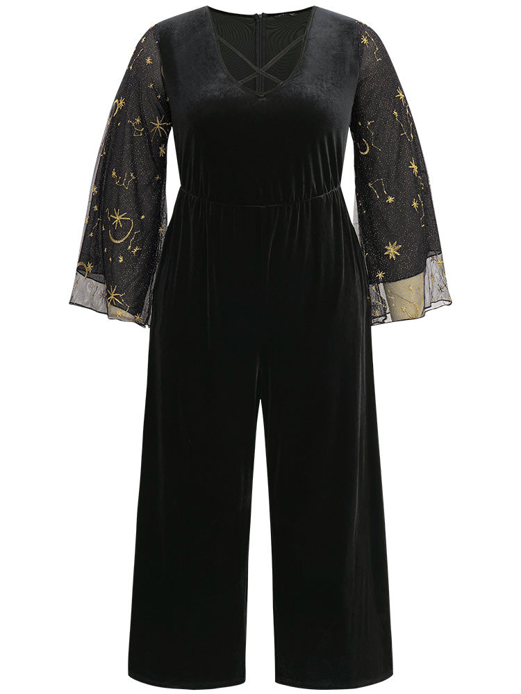 Halloween Moon & Star Glitter Mesh Crisscross Neck Jumpsuit