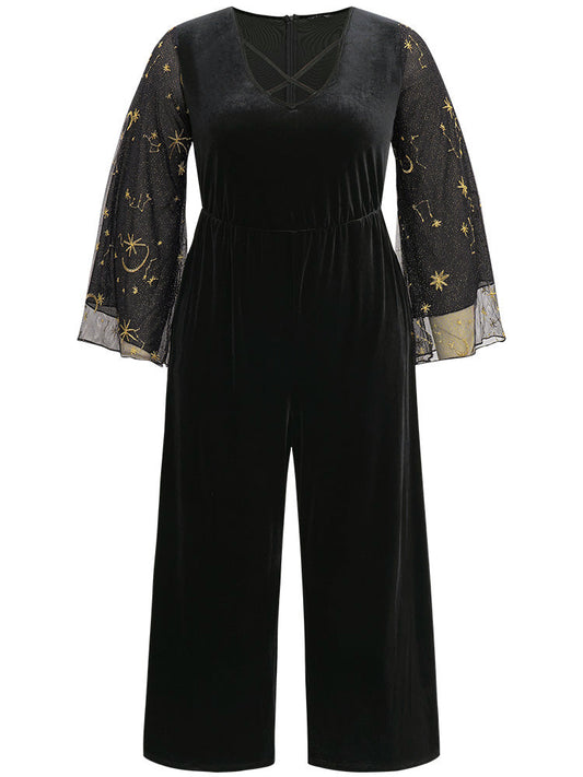 Halloween Moon & Star Glitter Mesh Crisscross Neck Jumpsuit