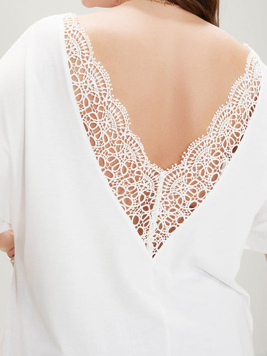 Plain Lace Patchwork Backless V Neck T-shirt