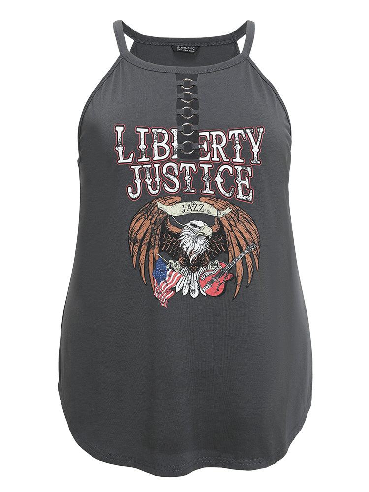 Eagle & Letter Print Halter Metal Detail Cut Out Cami Top