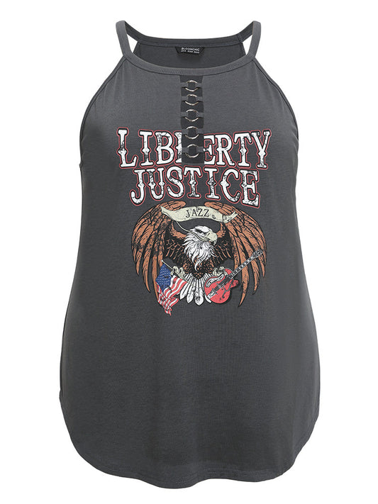 Eagle & Letter Print Halter Metal Detail Cut Out Cami Top