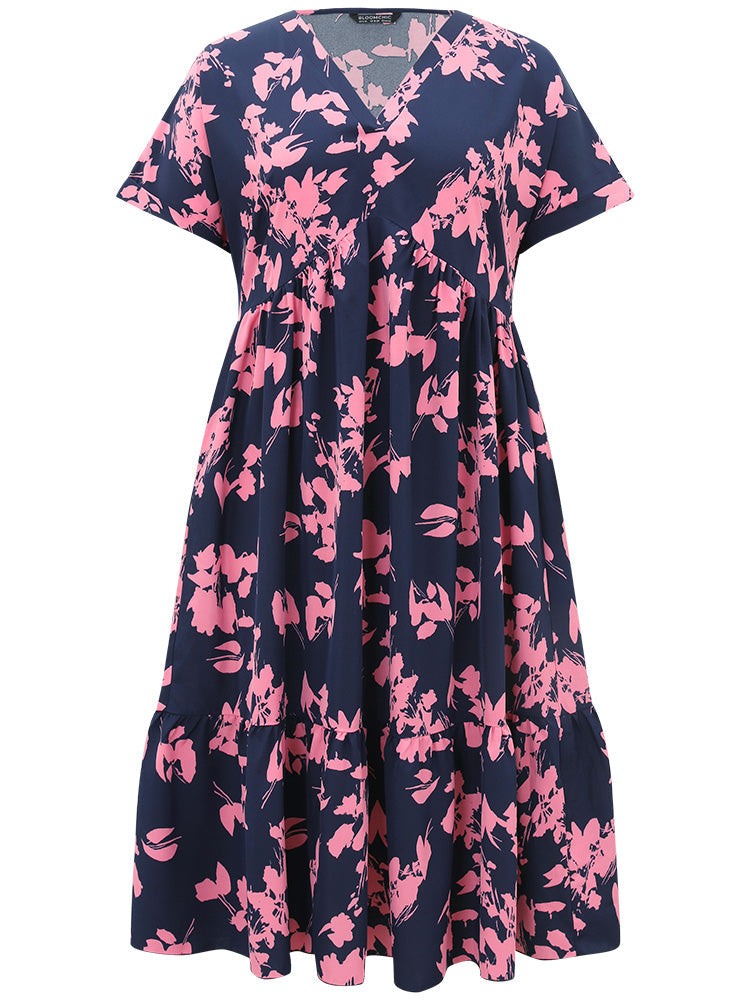 Silhouette Floral Print Pocket Roll Batwing Sleeve Dress