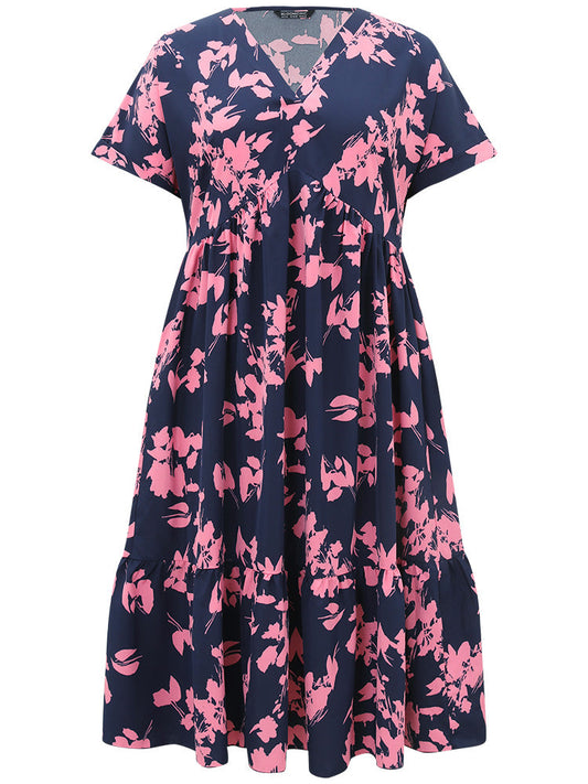 Silhouette Floral Print Pocket Roll Batwing Sleeve Dress