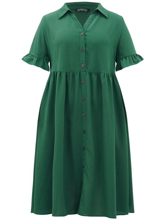 Plain Ruffles Pocket Button Up Pleated Frill Trim Dress