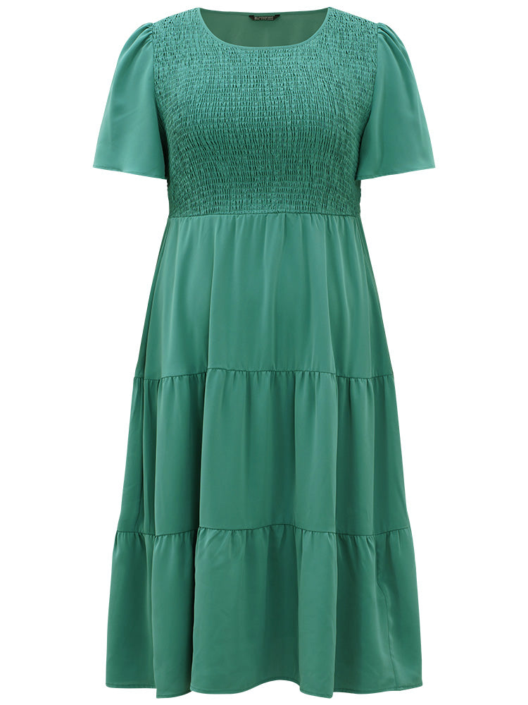 Solid Shirred Pocket Layered Hem Dress