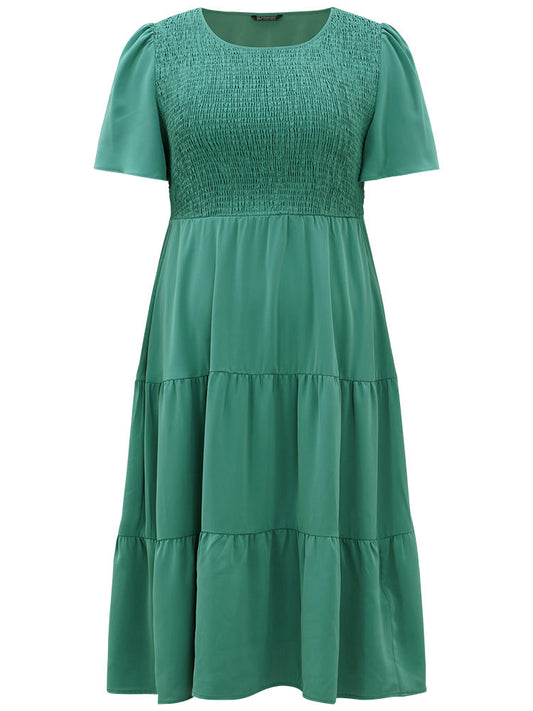 Solid Shirred Pocket Layered Hem Dress