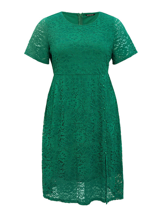 Floral Lace Beaded Zipper Split Dress