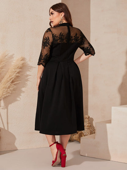 Embroidery Mesh Shoulder Fit and Flare Dress Without Belt