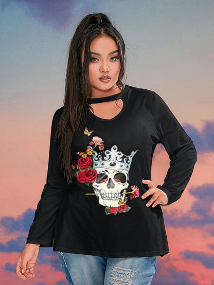 Halloween Skull Rose Print Cut Out T-shirt