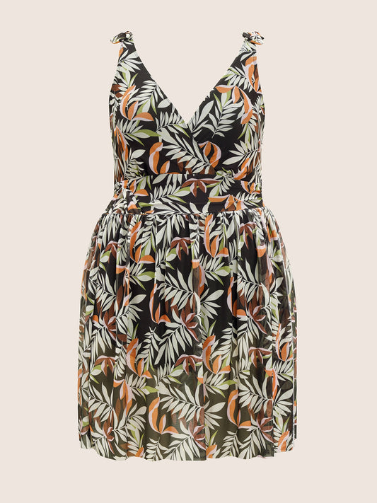 Tropical Print Gathered Split Hem Swim Dress