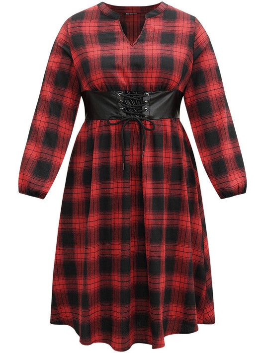 Plaid Lace Up PU Leather Notched Dress