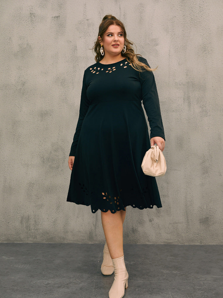 Lace Hollow Out Solid Patchwork Round Neck Dress