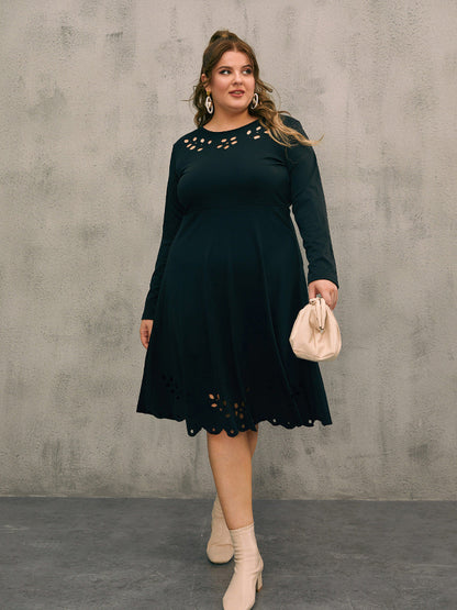 Lace Hollow Out Solid Patchwork Round Neck Dress