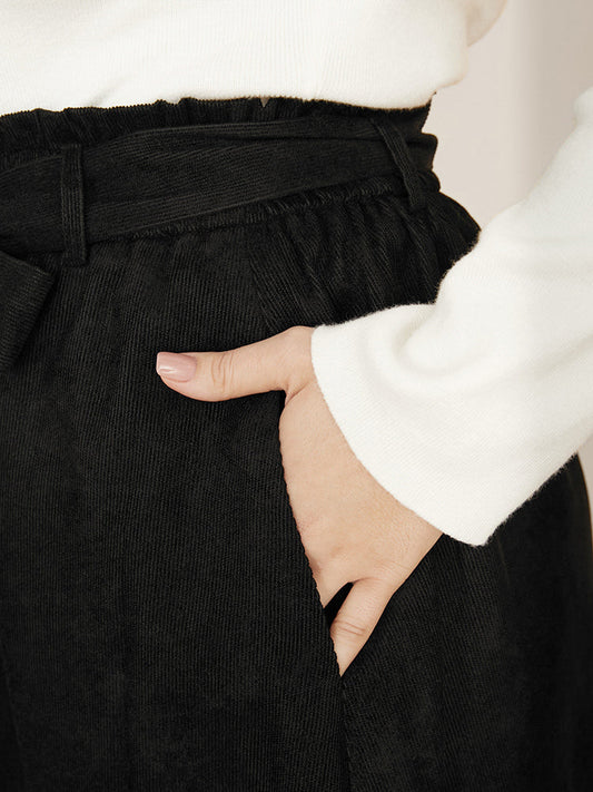 Plain Paperbag Waist Pocket Button Detail Belted Corduroy Skirt