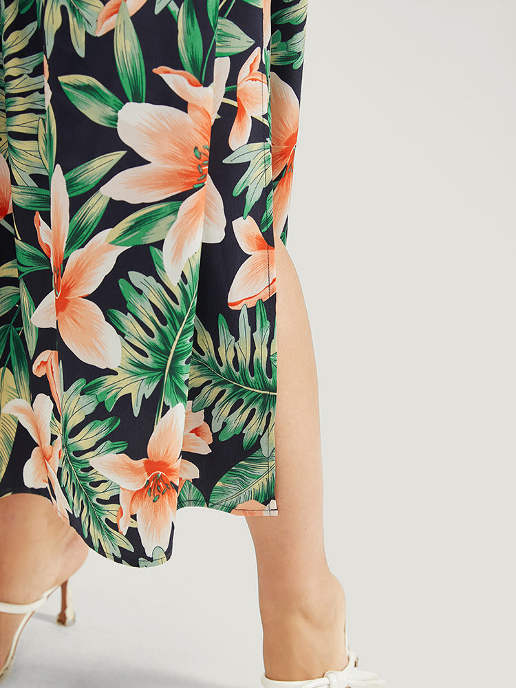 Tropical Print Ruffle Adjustable Straps Pocket Cold Shoulder Dress