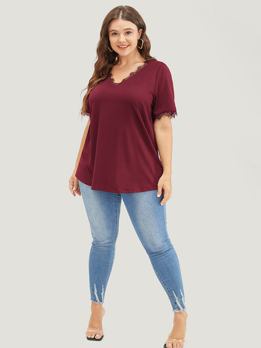 Solid Lace Trim Short Sleeve T-shirt