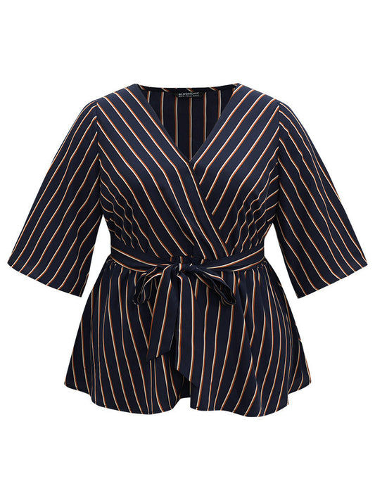 Striped Overlap Collar Bell Sleeve Blouse