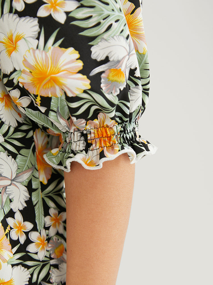 Tropical Print Puff Sleeve Ruffles Trim Square Neck Blouse