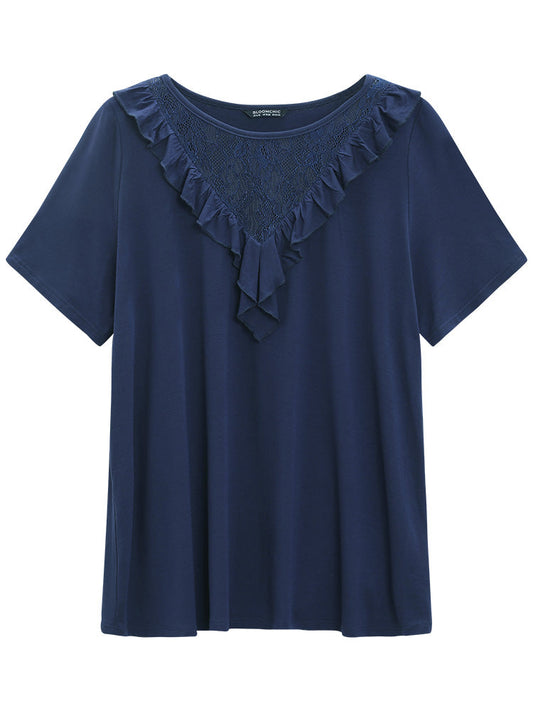 Guipure Lace Round Neck Frill Trim Flutter T-shirt