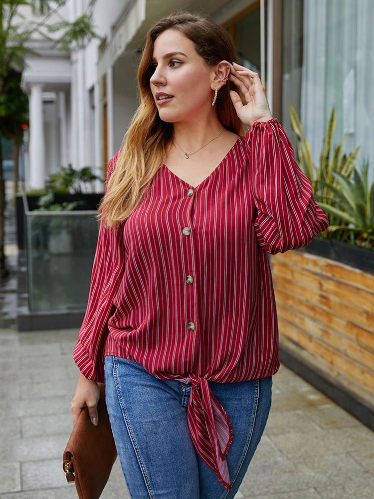 Striped V-neck Knot Blouse