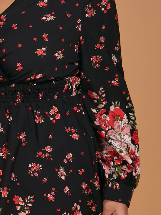 Floral Print V Neck Shirred Dress