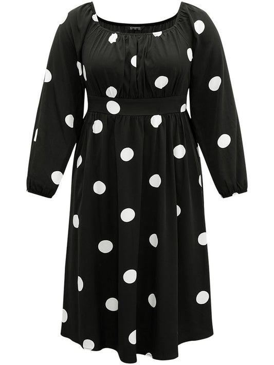 Polka Dot Square Neck Gathered Elastic Cuffs Dress