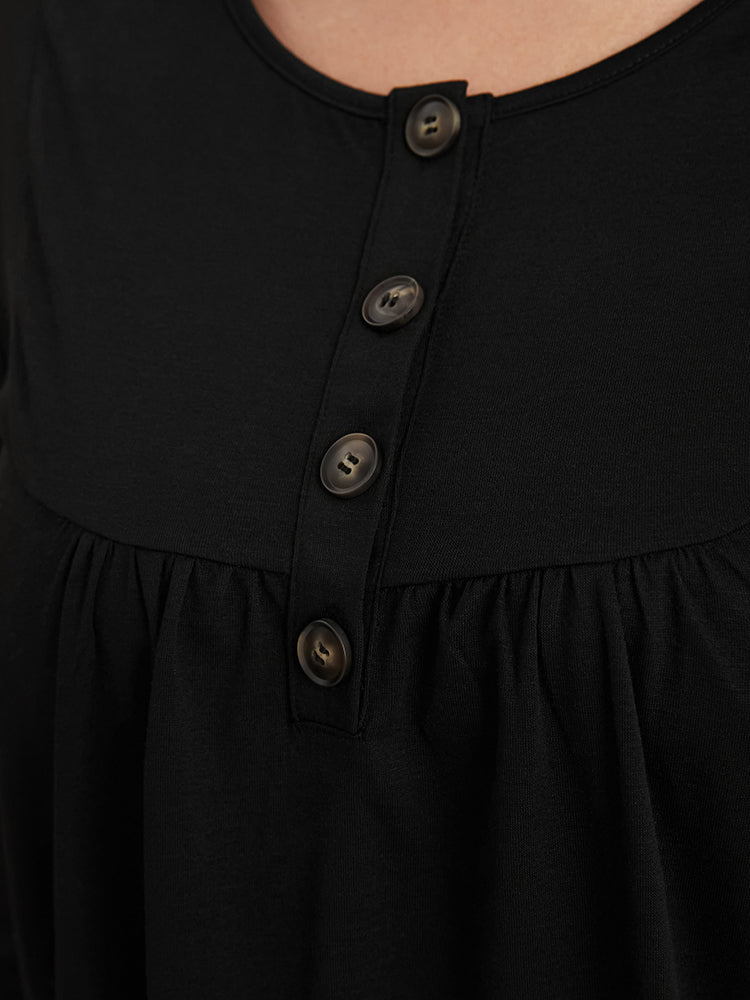 Solid Round Neck Ruched Button Detail Long Tee