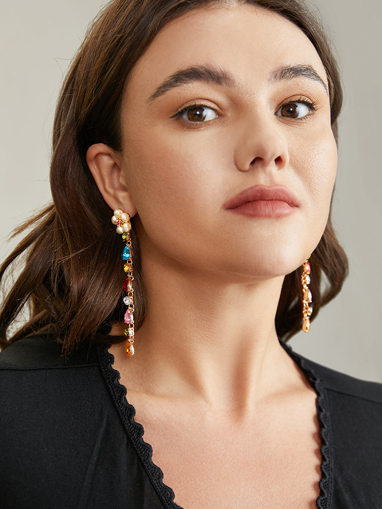 Floral Rhinestone Drop Long Earrings