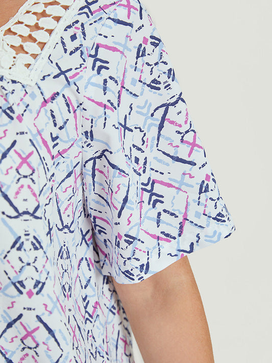 Geometric Print Square Neck Guipure Lace Blouse
