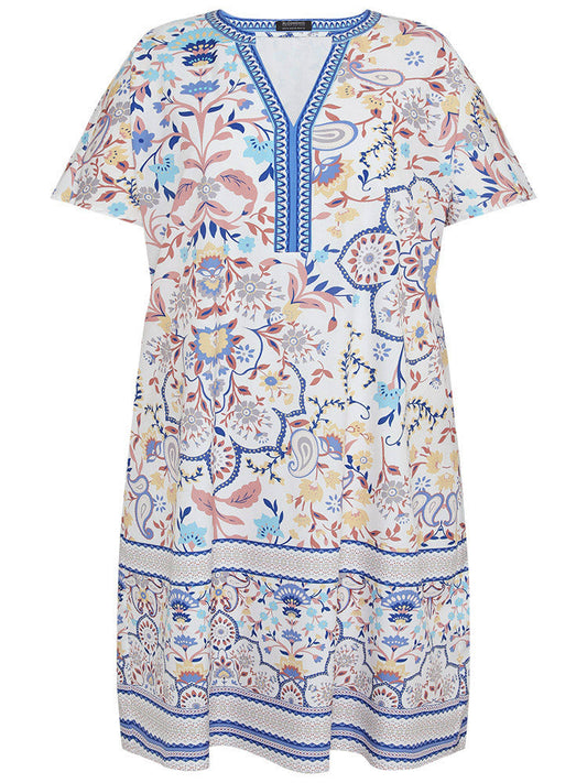 Boho Print Pocket Notched Ruffle Hem Dolman Sleeve Dress