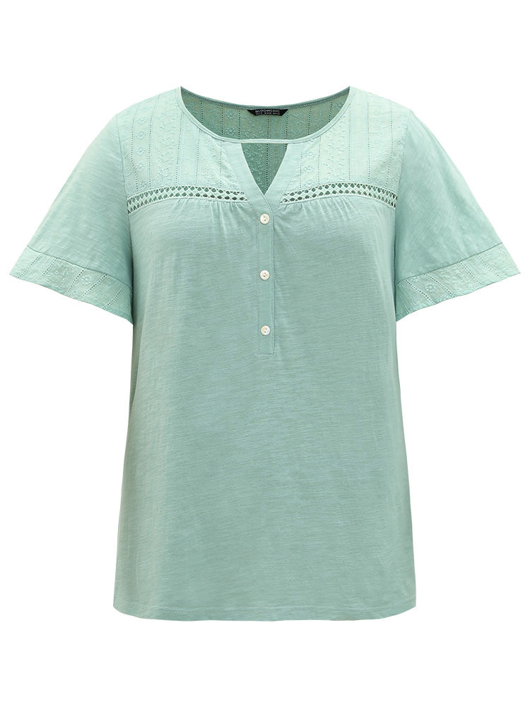 Plain Button Detail Embroidered Keyhole Ruffle Sleeve T-shirt