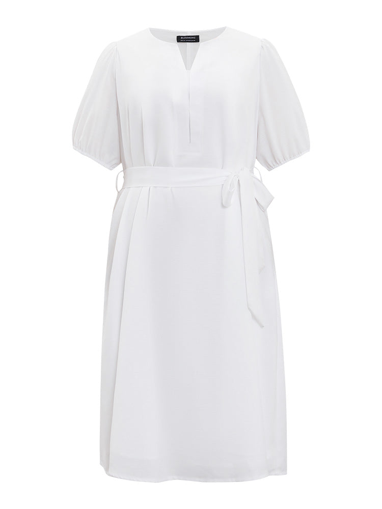 Anti-Wrinkle Solid Notched Pocket Belt Puff Sleeve Dress