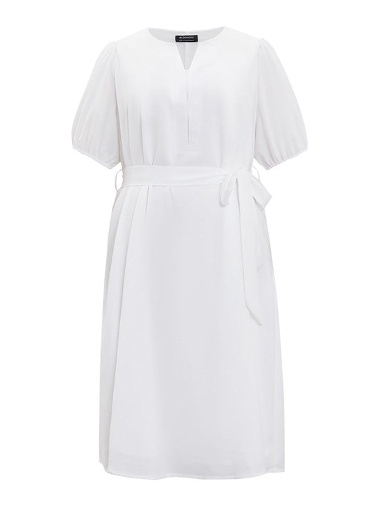 Anti-Wrinkle Solid Notched Pocket Belt Puff Sleeve Dress