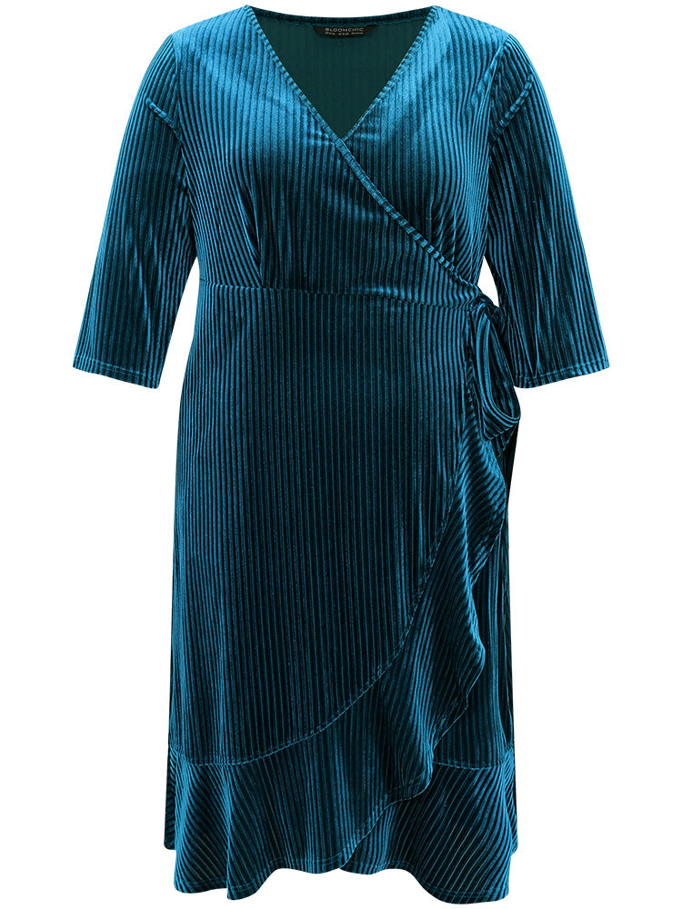 Plain Velvet Ties Arc Hem Overlap Collar Dress